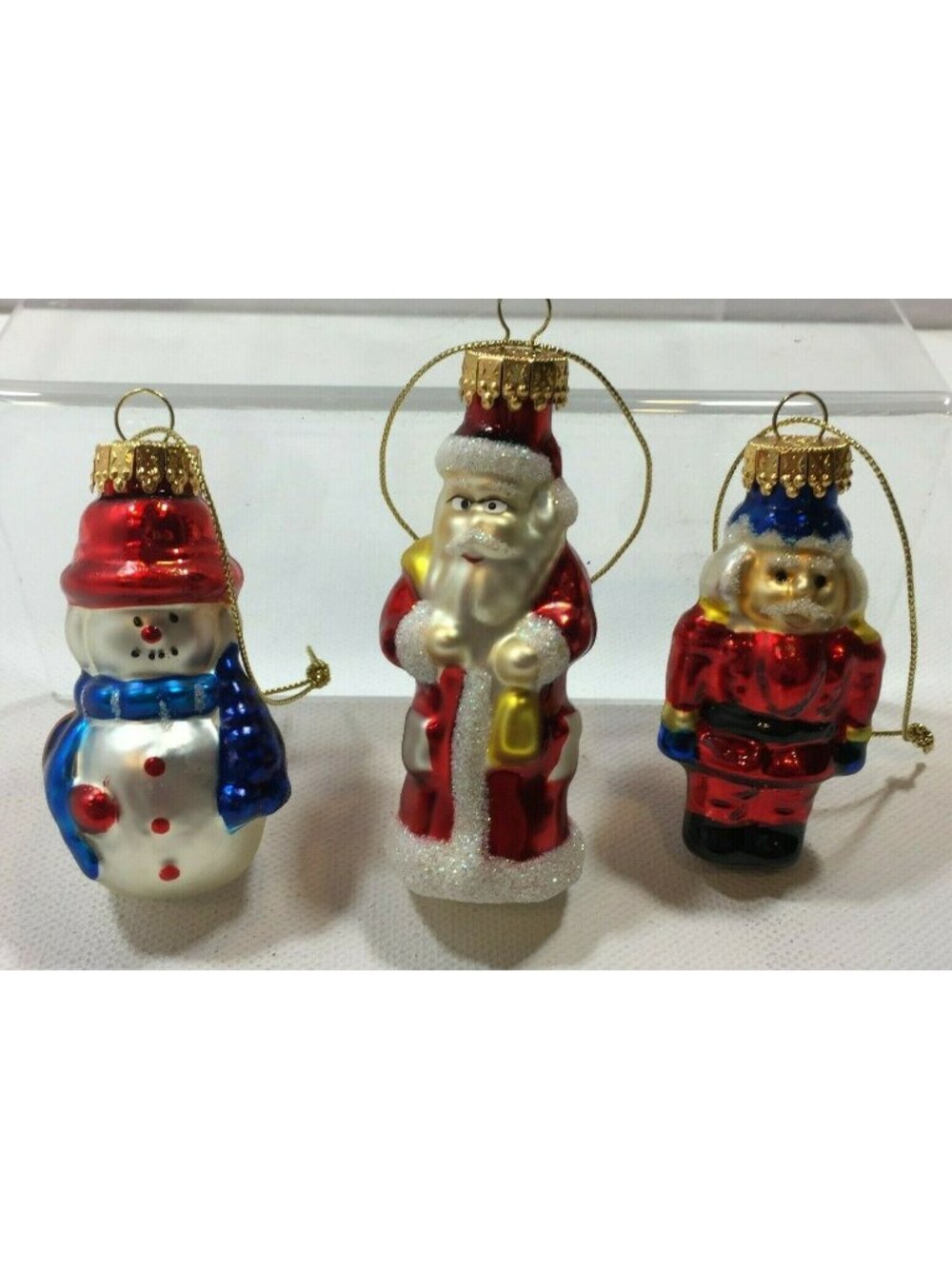 Vintage Glass Set of 3 Santa Snowman Nutcracker Christmas Tree Ornament Holiday